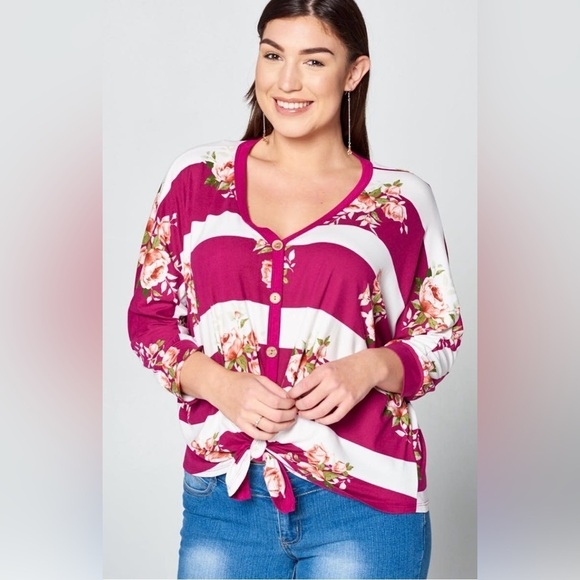 Emerald Fashion Tops - New!Plus Size Floral Striped V Neck Button Up Front Knot Detail Sizes 1X 2X 3X